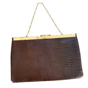 Vintage Etra Brown Leather Embossed Gold-Tone Framed Clutch with Chain